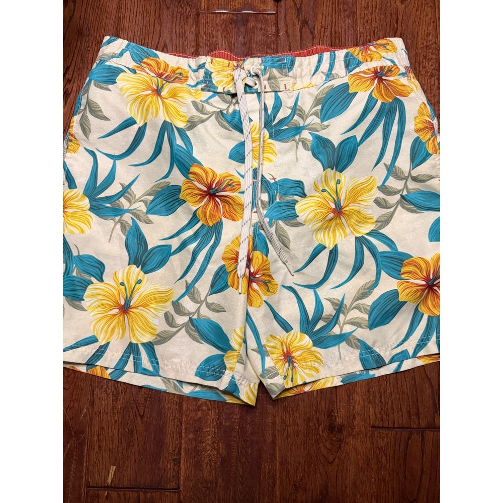 Caribbean Joe Mens XL Swim Trunks‎ Tropical Hibiscus Floral Board Shorts Tan